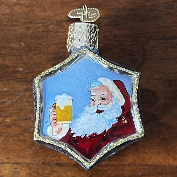 Merck Old World Christmas Santa Claus w/ Beer Inside Art Ornament 2001 Snowflake - Picture 1 of 7